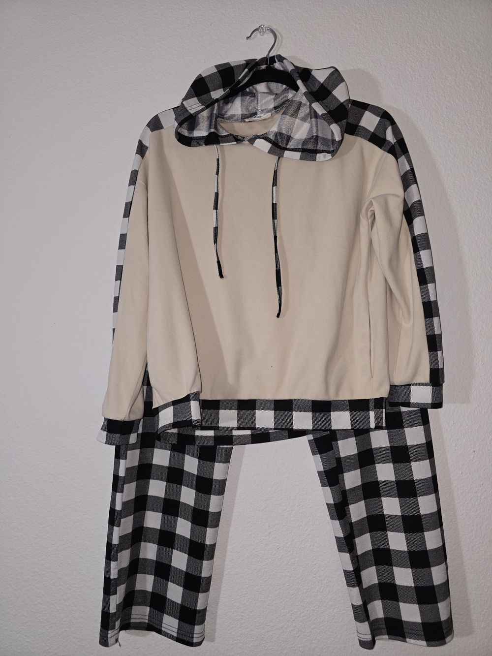 Women's Beige and Black Plaid Hooded Pajama Set